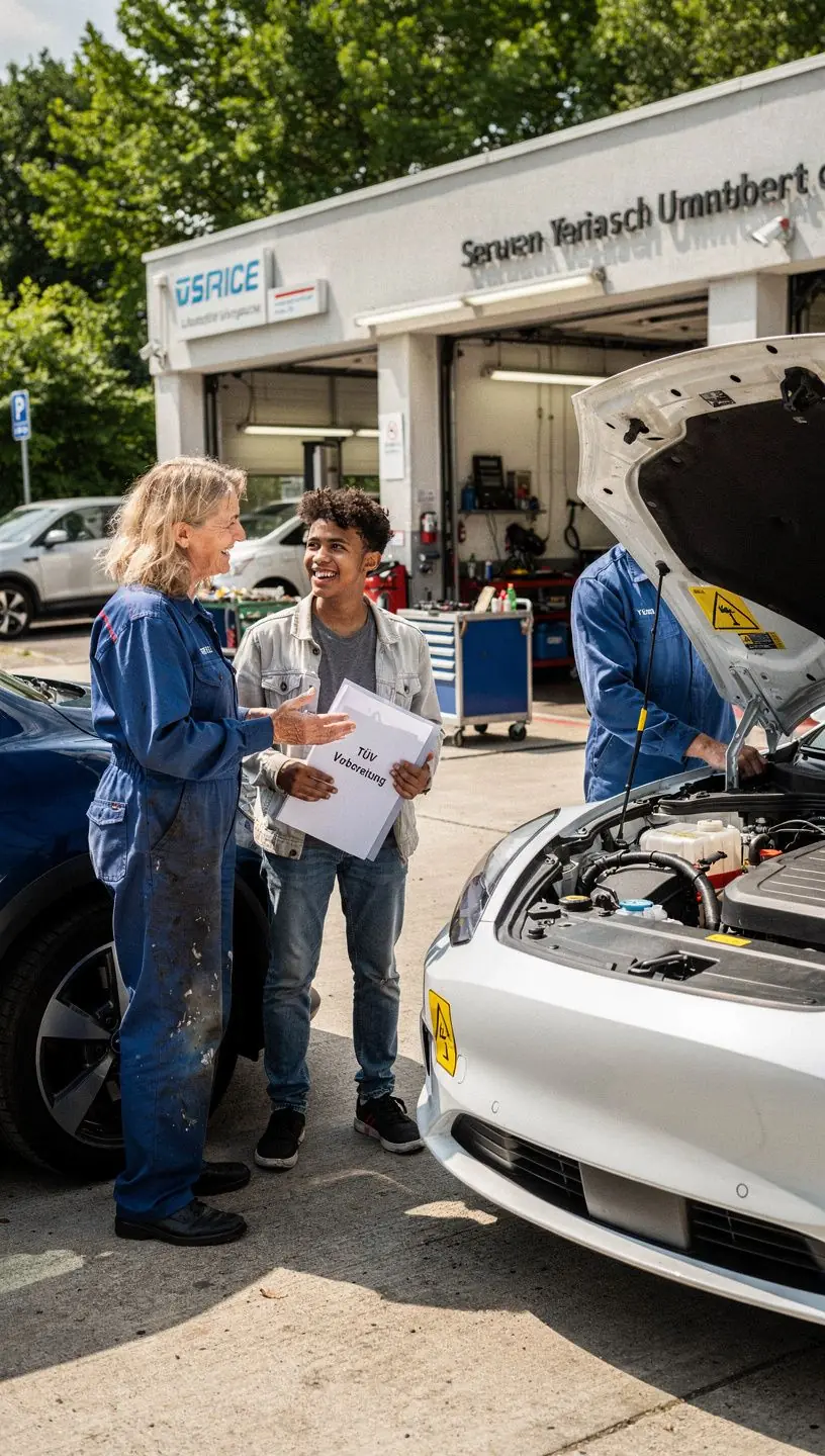 Autoheber hebt Pkw in moderner Werkstatt für Inspektionsarbeiten an