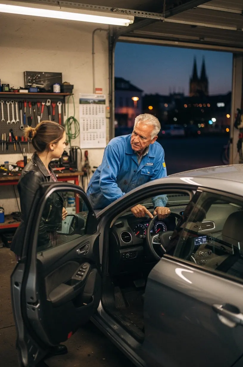 Kunde und Mechaniker besprechen Ergebnisse der Fahrzeuguntersuchung vor TÜV